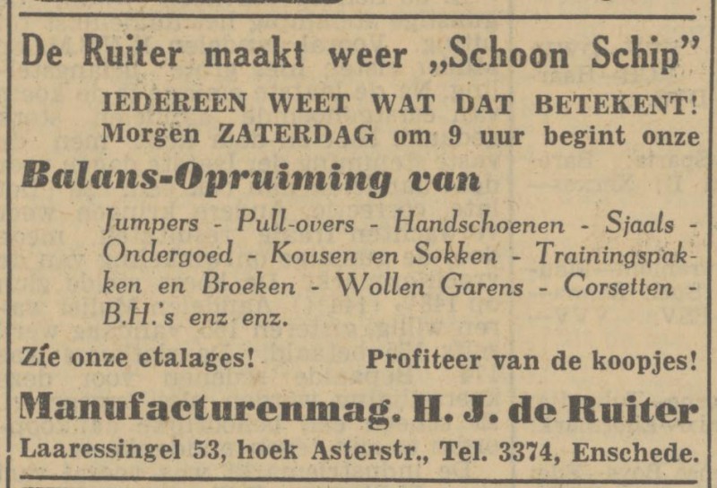 Laaressingel 53 hoek Asterstraat Maunufacturenmagazijn H.J. de Ruiter advertentie Tubantia 5-1-1951.jpg