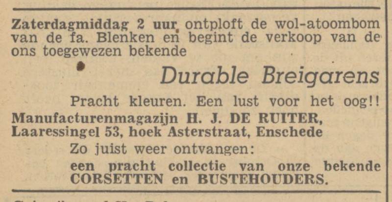 Laaressingel 53 hoek Asterstraat Maunufacturenmagazijn H.J. de Ruiter advertentie Tubantia 10-12-1948.jpg