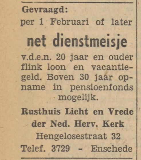 Hengelosestraat 32 Rusthuis Licht en Vrede der Ned. Herv. Kerk advertentie Tubantia 19-1-1956.jpg