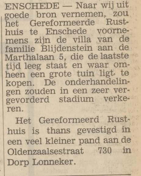 Oldenzaalsestraat 730 Lonneker Gereformeerd Rusthuis krantenbericht Tubantia 12-1-1966.jpg