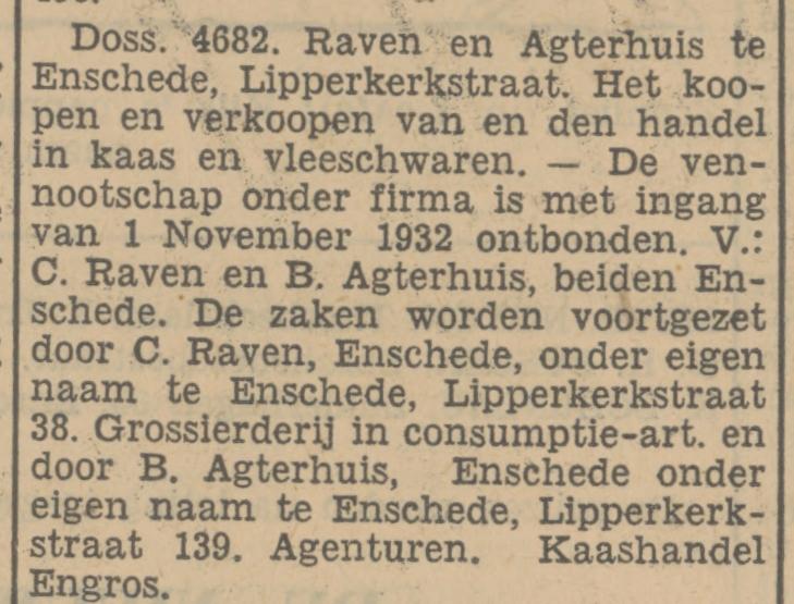 Lipperkerkstraat 139 Kaashandel engros B. Agterhuis krantenbericht Tubantia 19-11-1935.jpg
