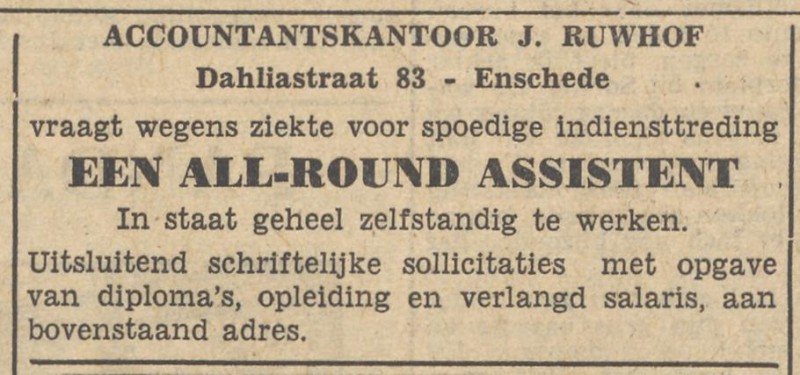 Dahliastraat 83 Accountantskantoor J. Ruwhof advertentie Tubantia 10-5-1952.jpg