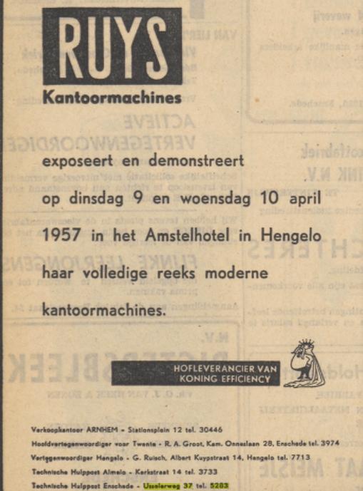 Usselerweg 37 Ruijs Kantoormachines Technische Hulppost advertentie Tubantia 6-4-1957.jpg