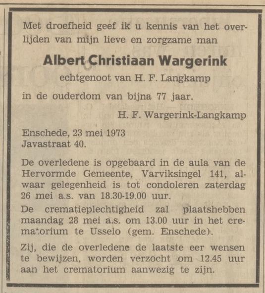 Javastraat 40 Albert Christiaan Wargerink overlijdensadvertentie Tubantia 25-5-1973.jpg