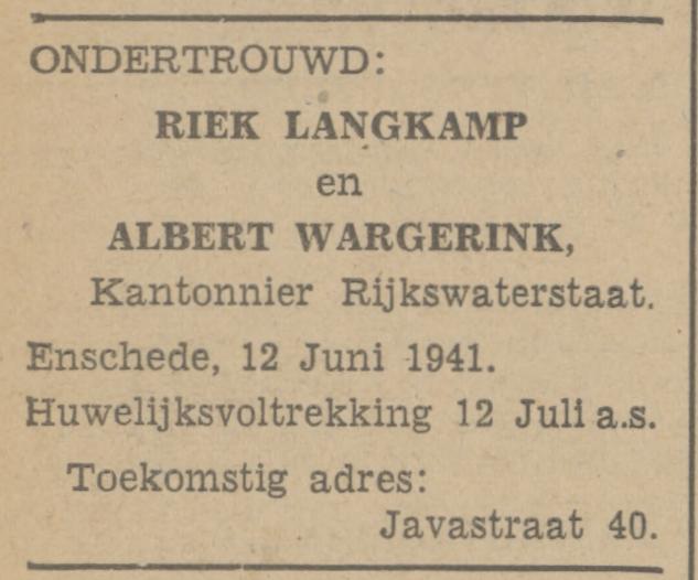 Javastraat 40 Albert Wargerink kantonnier Rijkswaterstaat advertentie Tubantia 12-6-1941.jpg