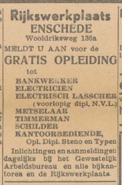 Wooldriksweg 136a Rijkswerkplaats advertentie Twentsche courant 19-4-1945.jpg