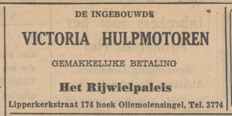 Lipperkerkstraat 174 hoek Oliemolensingel Het Rijwielpaleis advertentie Tubantia 29-2-1952.jpg