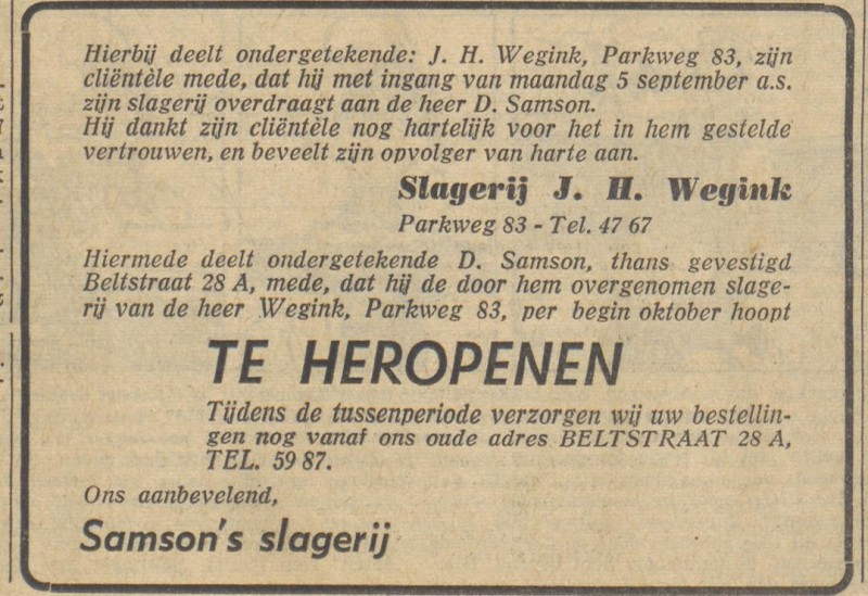 Beltstraat 28a slagerij D. Samsom advertentie Tubantia 3-9-1960.jpg