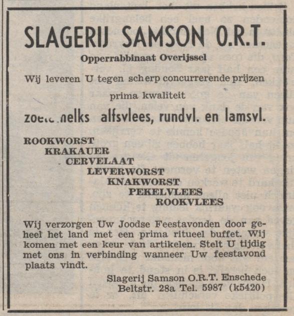 Beltstraat 28a slagerij Samsom advertentie Nieuw Israelitisch weekblad 28-9-1951.jpg