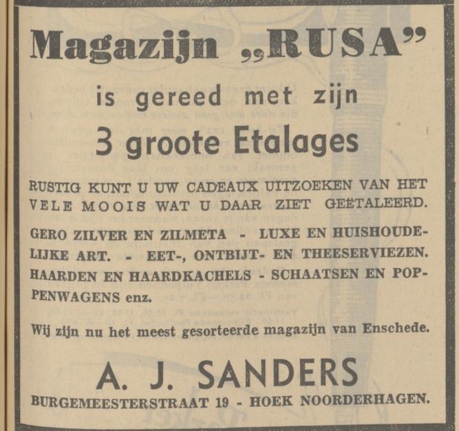 Burgemeesterstraat 19 hoek Noorderhagen Magazijn Rusa A.J. Sanders advertentie Tubantia 27-11-1936.jpg