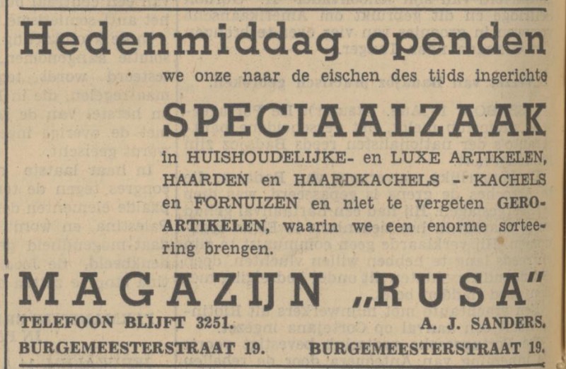 Burgemeesterstraat 19 Magazijn Rusa A.J. Sanders advertentie Tubantia 14-8-1936.jpg