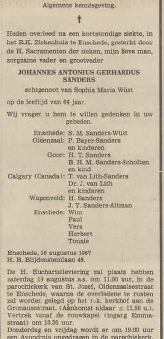 H.B. Blijdensteinlaan 49 J.A.G. Sanders overlijdensadvertentie Tubantia 17-8-1967.jpg