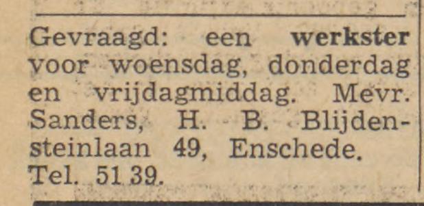 H.B. Blijdensteinlaan 49 Mevr. Sanders advertentie Tubantia 22-1-1964.jpg