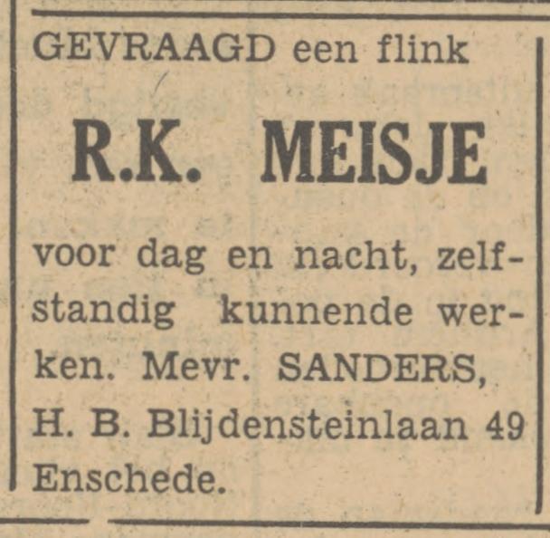 H.B. Blijdensteinlaan 49 Mevr. Sanders advertentie Tubantia 30-5-1951.jpg