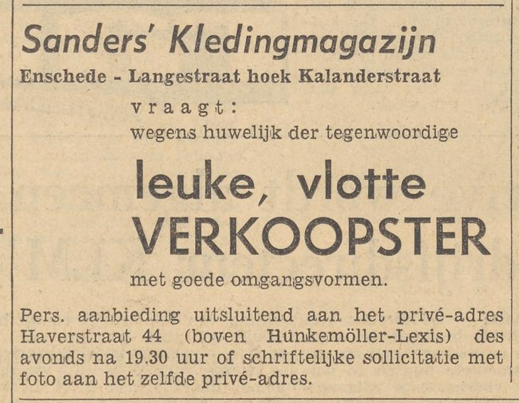 Langestraat hoek Kalanderstraat Sanders Kledingmagazijn advertentie Tubantia 9-2-1963.jpg