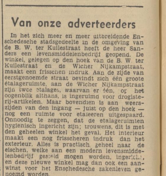 B.W. ter Kuilestraat 41 hoek Wicher Nijkampstraat Sanders Levensmiddelenbedrijf krantenbericht Tubantia 7-2-1939.jpg