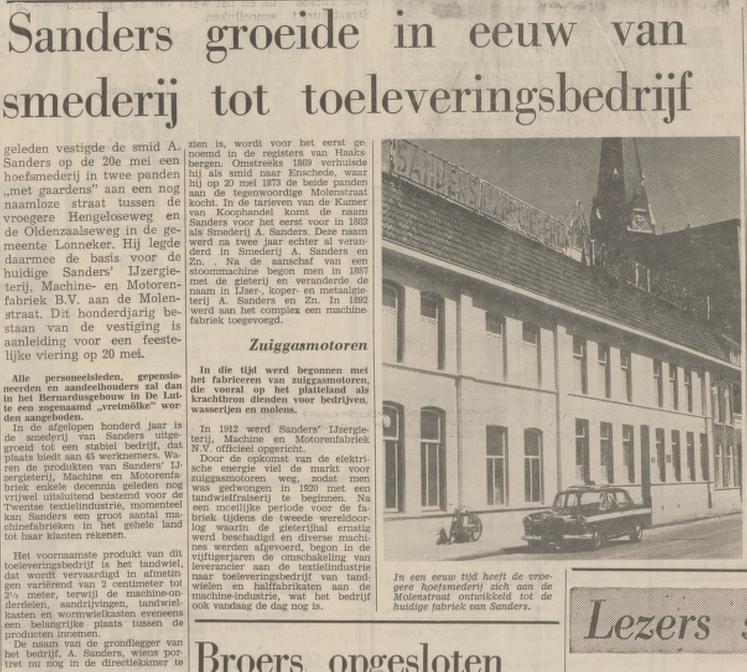 Molenstraat 81-83 Sanders IJzergieterij Machine- en Motorenfabriek N.V. krantenbericht Tubantia 15-5-1973.jpg