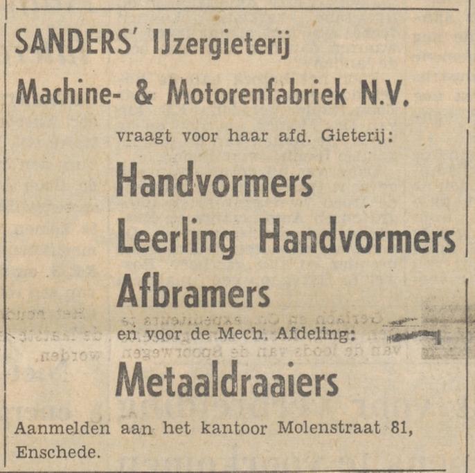 Molenstraat 81 Sanders IJzergieterij Machine- en Motorenfabriek N.V. advertentie Tubantia 24-9-1959.jpg