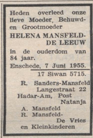 Langestraat 22 R. Sanders-Mansfeld adfvertentie Nieuw Israelietiisch weekblad 10-6-1955.jpg