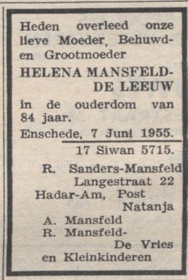 Langestraat 22 R. Sanders-Mansfeld adfvertentie Nieuw Israelietiisch weekblad 10-6-1955.jpg