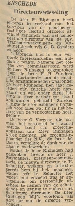 R. Riphagen directeur N.V. Transportwerktuigen- en Machinefabriek v.h. G.B. Sanders & Zoon krantenbericht Tubantia 1-11-1956.jpg