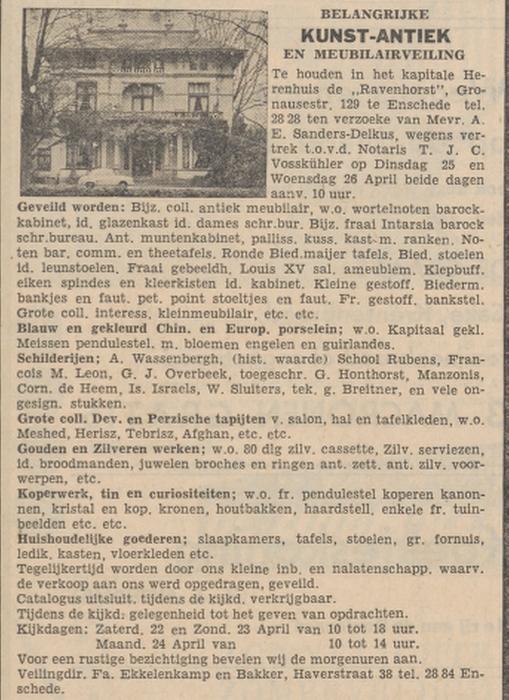 Gronausestraat 129 hoek Marthalaan Pension Villa Ravenhorst Mevr. A.E. Sanders-Delkus advertentie Tubantia 21-4-1961.jpg