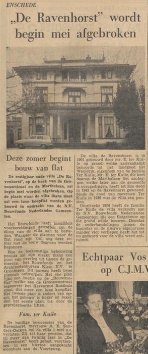 Gronausestraat 129 hoek Marthalaan Pension Villa Ravenhorst Mevr. A.E. Sanders-Delkus krantenbericht Tubantia 1-3-1961.jpg