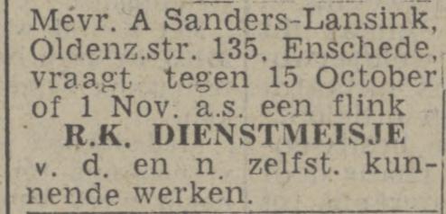 Oldenzaalsestraat 135 Mevr. A. Sanders-Lansink advertentie Twentsch nieuwsblad 16-9-1943.jpg