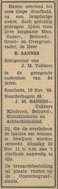 Noorderhagen 68 R. Sannes overlijdensadvertentie Tubantia 21-11-1949.jpg