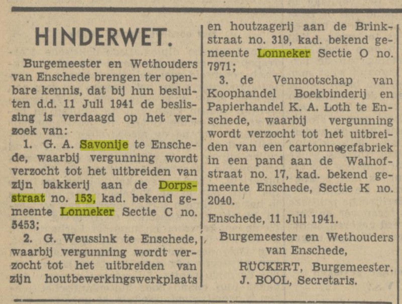 Dorpsstraat 153 Lonneker G.A. Savonije advertentie Tubantia 11-7-1941.jpg