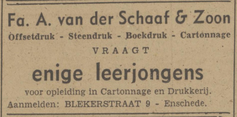 Blekerstraat 9 Drukkerij Fa. A. van der Schaaf & Zoon advertentie Tubantia 12-6-1948.jpg