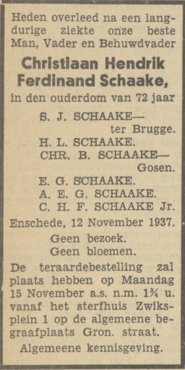 Zwiksplein 1 C.H.F. Schaake overlijdensadvertentie Tubantia 12-11-1937.jpg