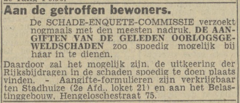 Hengelosestraat 75 Belastinggebouw Schade Enquete Commissie advertentie Twentsch nieuwsblad 28-10-1943.jpg