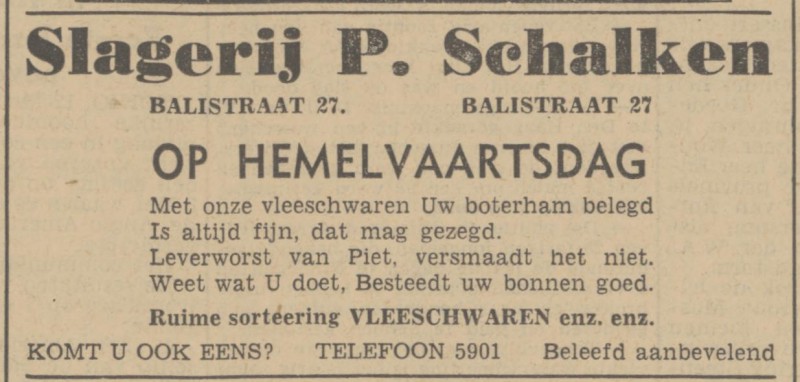 Balistraat 27 slagerij P. Schalken advertentie Tubantia 12-5-1942.jpg