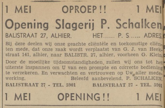 Balistraat 27 slagerij P. Schalken advertentie Tubantia 29-4-1942.jpg