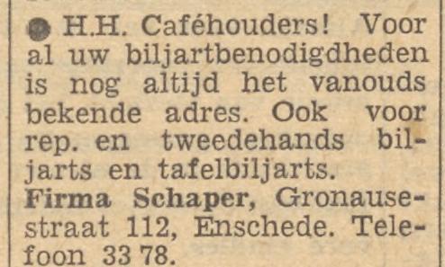 Gronausestraat 112 Firma Schaper biljartbenodigdheden advertentie Tubantia 9-4-1960.jpg
