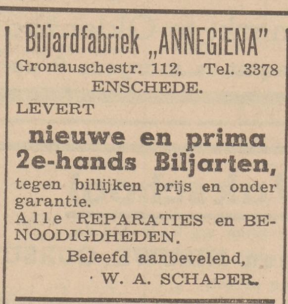 Gronausestraat 112 Biljardfabriek Annegiena  W.A. Schaper advertentie Tubantia 10-9-1937.jpg