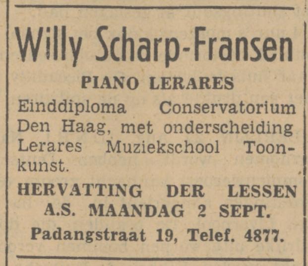 Padangstraat 19 Willy Scharp-Fransen advertentie Tubantia 29-8-1940.jpg