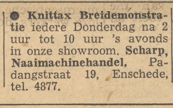 Padangstraat 19 Scharp naaimachinehandel advertentie Tubantia 9-11-1954.jpg
