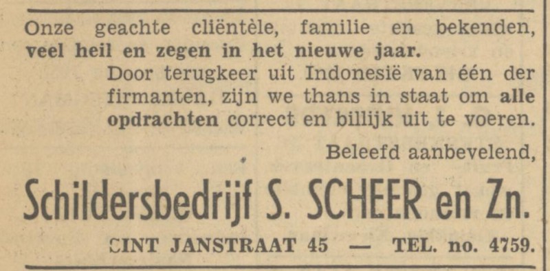 Sint Janstraat 45 Schildersbedrijf S. Scheer en Zn. advertentie Tubantia 31-12-1949.jpg