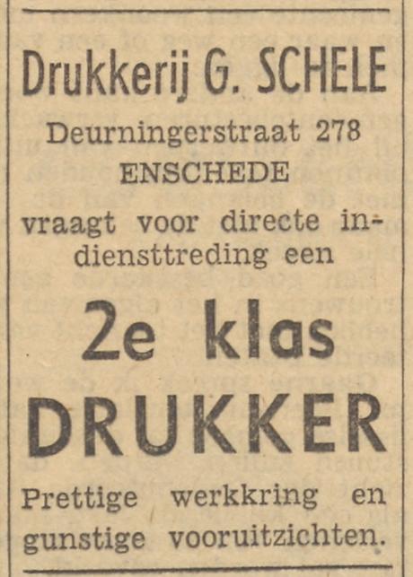 Deurningerstraat 278 Drukkerij G. Schele advertentie Tubantia 18-9-1954.jpg