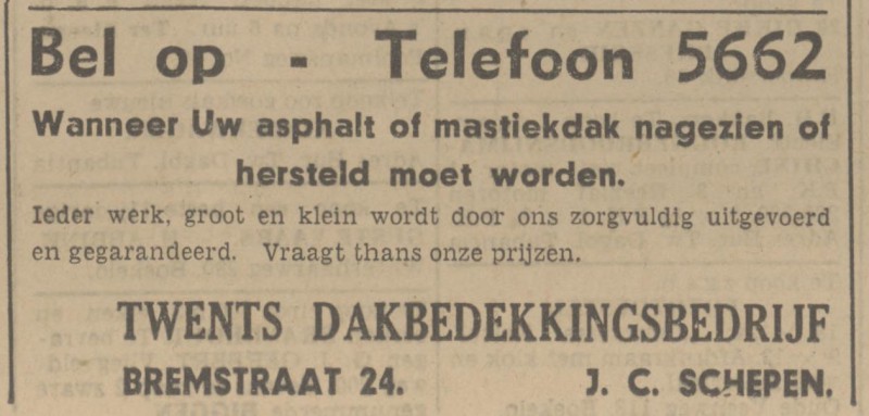 Bremstraat 24 J.C. Schepen Twents Dakbedekkingsbedrijf advertentie Tubantia 31-5-1941.jpg