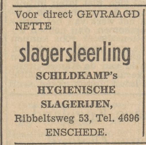Ribbeltsweg 53 Schildkamp's Hygienische Slagerijen advertentie Tubantia 5-12-1952.jpg