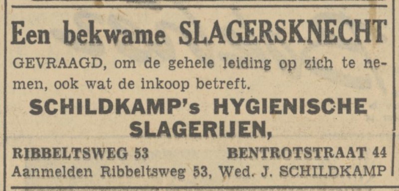 Bentrotstraat 44 Ribbeltsweg 53 Schildkamp's Hygienische Slagerijen advertentie Tubantia 30-11-1950.jpg
