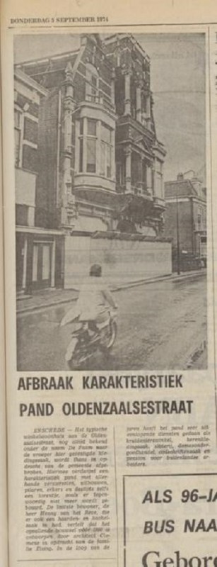 Oldenzaalsestraat 58 Afbraak Magazijn De Faam krantenfoto Tubantia 5-9-1974.jpg