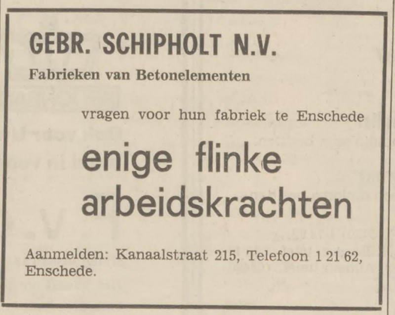 Kanaalstraat 215 Gebr. Schipholt N.V. advertentie Tubantia 16-6-1967.jpg