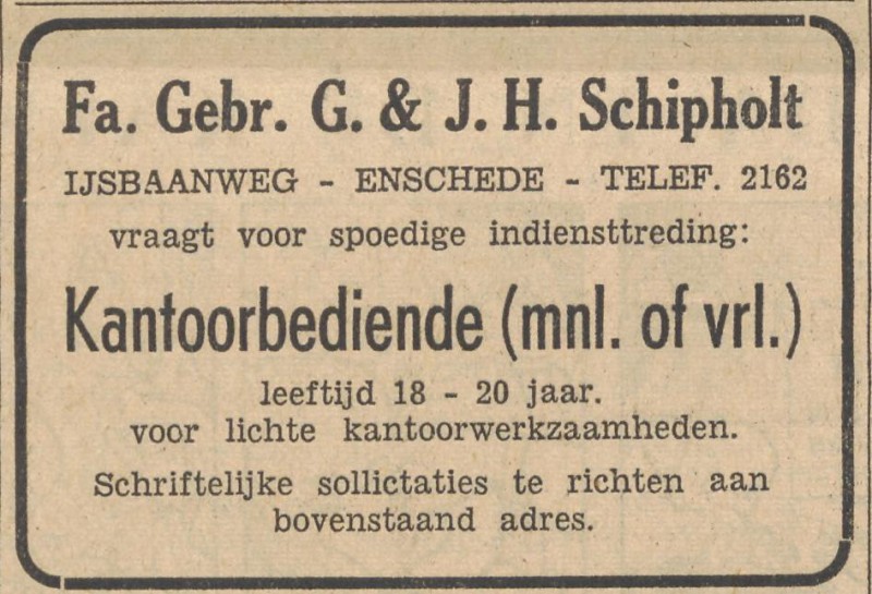IJsbaanweg Fa. Gebr. G. & J.H. Schipholt advertentie Tubantia 27-2-1954.jpg
