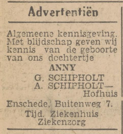 Buitenweg 7 G. Schipholt advertentie Tubantia 4-1-1947.jpg
