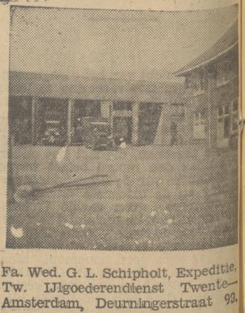 Deurningerstraat 99 Fa. Wed. G.L. Schipholt, Expeditie Twentse IJlgoederendienst Twente-Amsterdam, krantenfoto Tubantia 19-6-1934.jpg