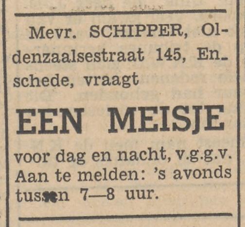 Oldenzaalsestraat 145 Mevr. Schipper advertentie Tubantia 28-7-1953.jpg